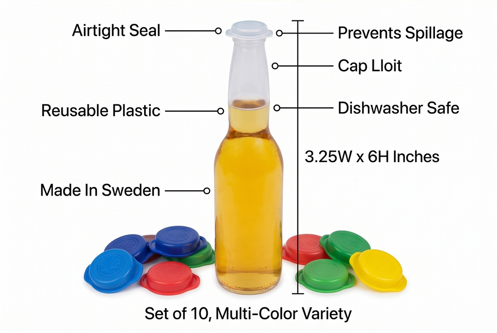 Linden Sweden Bottle Cap Covers - Reusable Plastic Soda and Beer Bottle Caps to Prevent Drink Spillage - Dishwasher Safe - Made In Sweden - Set of 10-3.25W x 6H Inches