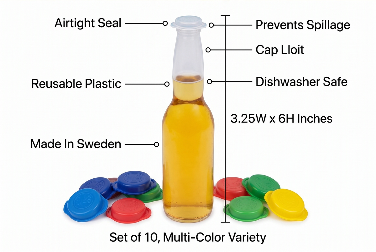 Linden Sweden Bottle Cap Covers - Reusable Plastic Soda and Beer Bottle Caps to Prevent Drink Spillage - Dishwasher Safe - Made In Sweden - Set of 10-3.25W x 6H Inches