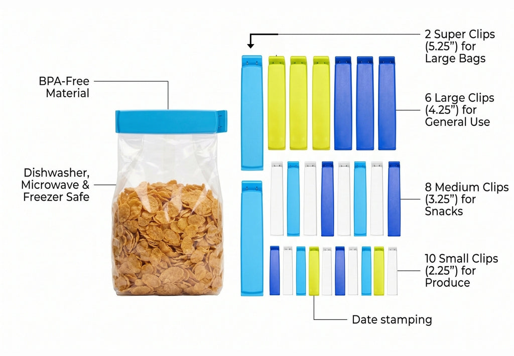 Linden Sweden Twixit Bag Clips - Keep Food Fresh, Stop Spillage - Easily Date Stamp Frozen Bags - Chip Clips for Storage & Organizing - Microwave, Freezer & Dishwasher-Safe - BPA-Free - Set of 26