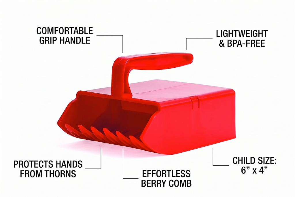 LINDEN SWEDEN Jonas Berry Picker Tool | Rake Comb for Blueberries, Lingonberries and Huckleberries | Lightweight Fruit Harvester | Protects Hands from Thorns | BPA-Free | Child Size 6" x 4" | Red