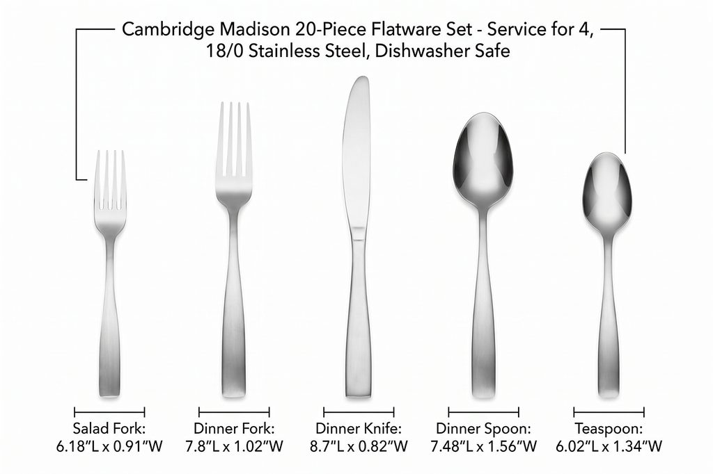 Cambridge Silverware Set, Madison 20-Piece Flatware Set, Service For 4, 18/0 Stainless Steel, Dishwasher Safe, Flatware Cutlery Sets, Kitchen Utensils, Knives Spoons And Forks (Silver, 20 Pieces)