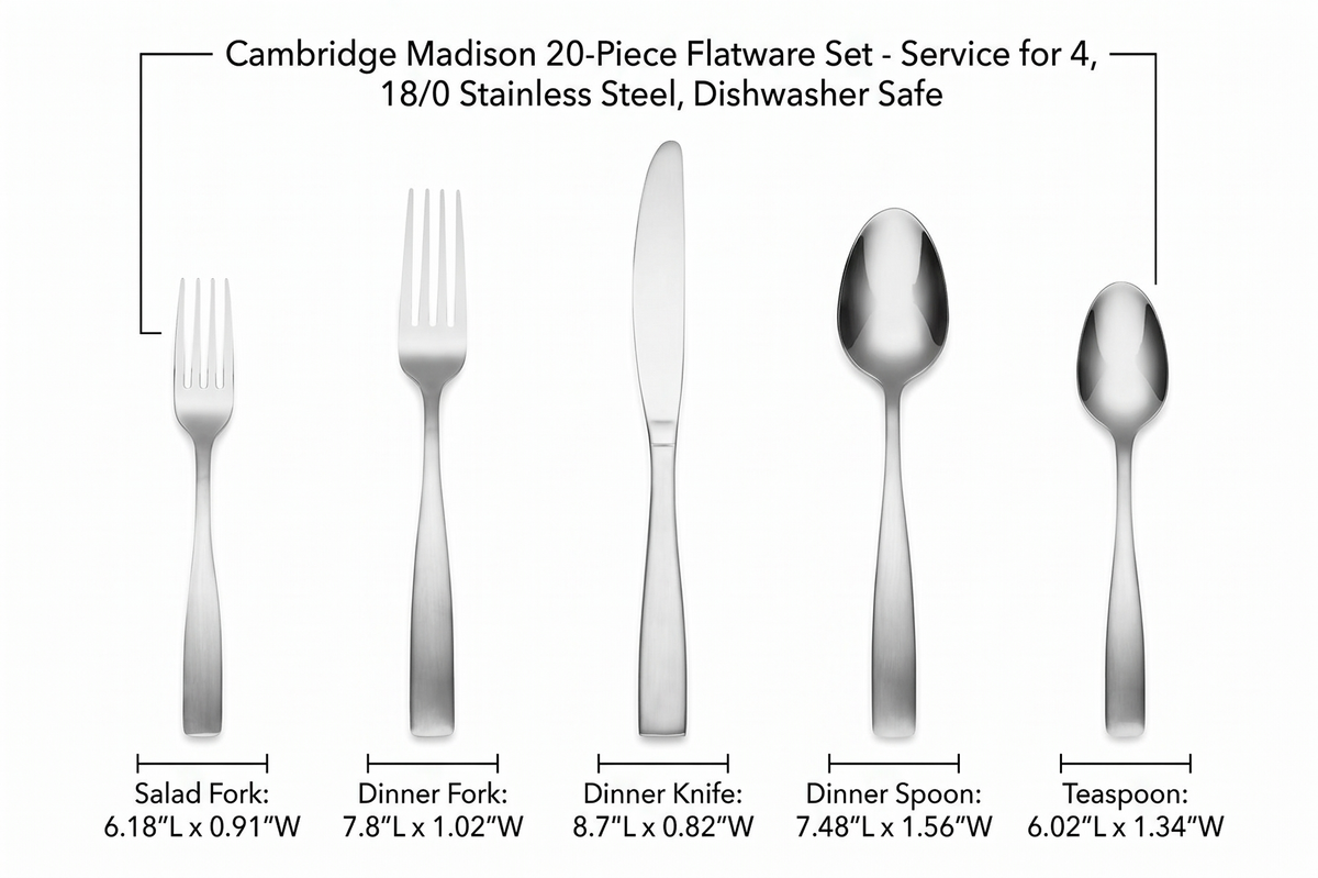 Cambridge Silverware Set, Madison 20-Piece Flatware Set, Service For 4, 18/0 Stainless Steel, Dishwasher Safe, Flatware Cutlery Sets, Kitchen Utensils, Knives Spoons And Forks (Silver, 20 Pieces)