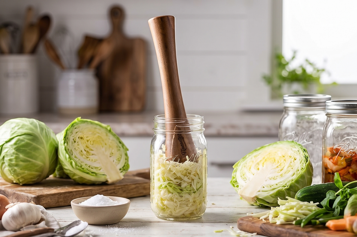 Masontops Pickle Packer - Acacia Wood Vegetable Fermentation Tamper - Cabbage Sauerkraut Pounder - Fermenting Food Tool
