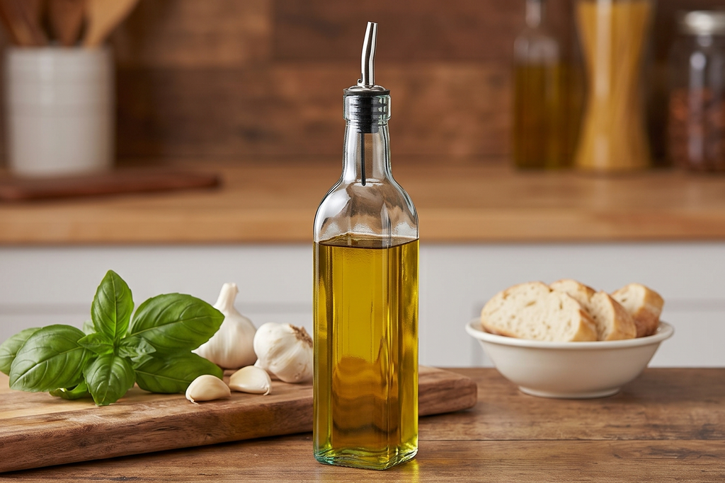 Tablecraft H9085 Glass Oil And Vinegar Cruet, Olive Oil Dispenser With Stainless Steel Spout, Slight Green Tint, 8.5 Ounce