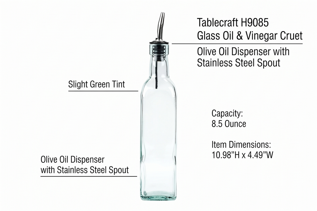 Tablecraft H9085 Glass Oil And Vinegar Cruet, Olive Oil Dispenser With Stainless Steel Spout, Slight Green Tint, 8.5 Ounce