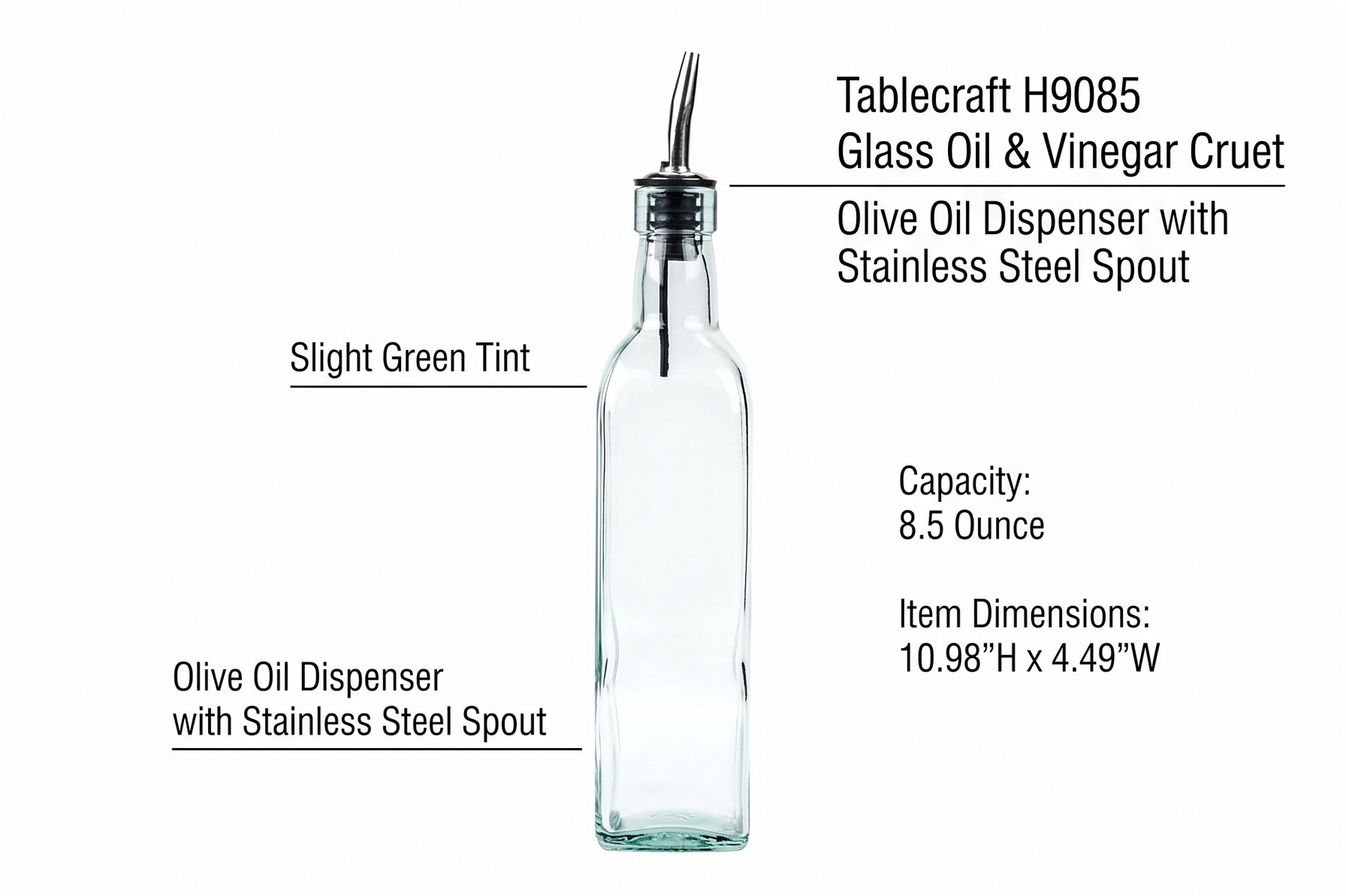 Tablecraft H9085 Glass Oil And Vinegar Cruet, Olive Oil Dispenser With Stainless Steel Spout, Slight Green Tint, 8.5 Ounce