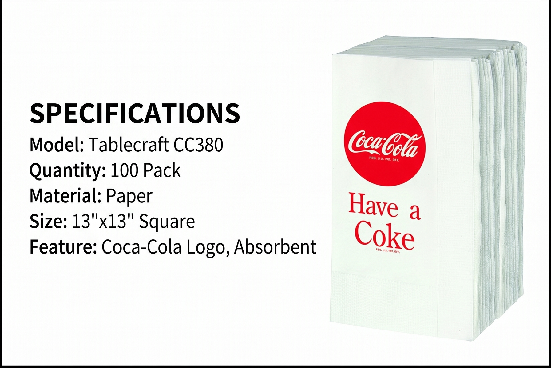 Tablecraft CC380 Coca-Cola Logo Printed Napkins (100 Pack), Red Paper Napkins 13”x13”, Beverage Napkins, Luncheon Napkins, Square Napkins for Restaurants, Cafes, Catering, Parties, and Everyday Use