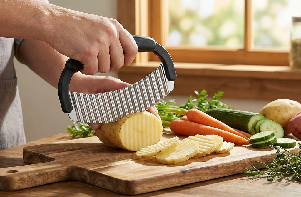 TableCraft H6610 Single Mezzaluna – Wavy Crinkle Cutter for Fruits, Vegetables, Pickles & Potatoes – Stainless Steel, One-Handed, Crinkle Cut Tool for Meal Prep – Easy to Clean, Dishwasher Safe- Small