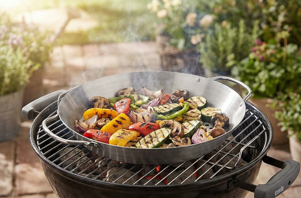 Tablecraft 12" Diameter Stainless Steel Grill Pan with Handles, Silver, Model: BBQ122