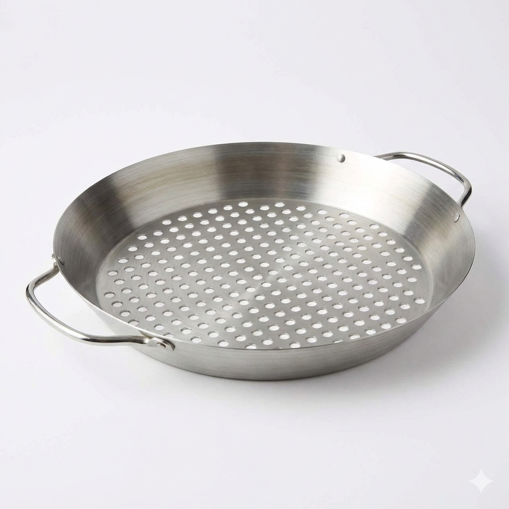 Tablecraft 12" Diameter Stainless Steel Grill Pan with Handles, Silver, Model: BBQ122