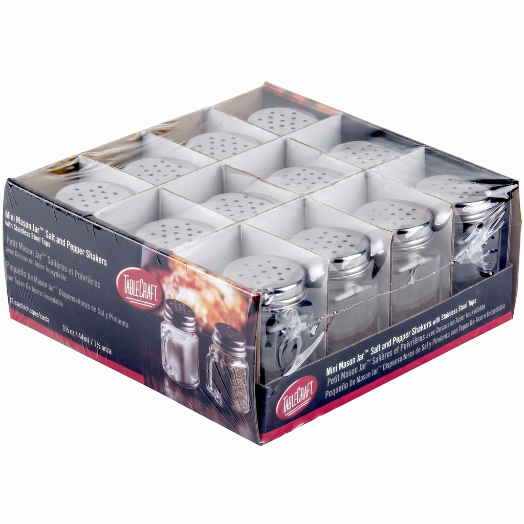 Tablecraft Mini Mason Salt & Pepper Shaker with Stainless Steel Top, 12 per Pack, 1.5 oz