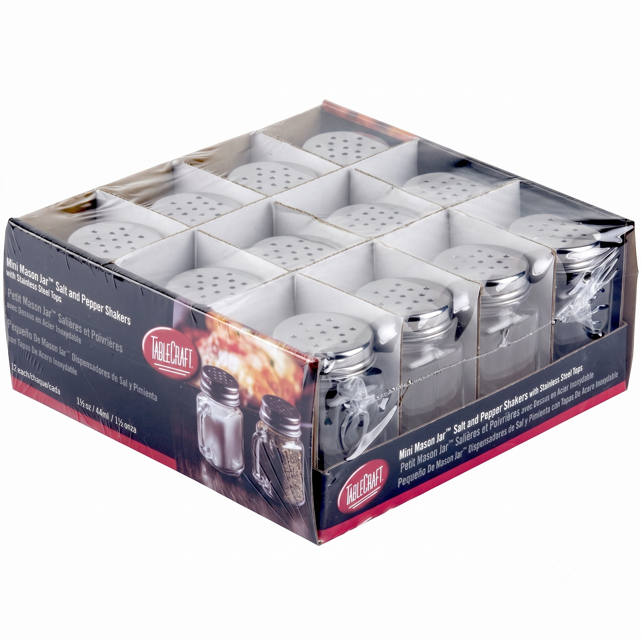 Tablecraft Mini Mason Salt & Pepper Shaker with Stainless Steel Top, 12 per Pack, 1.5 oz