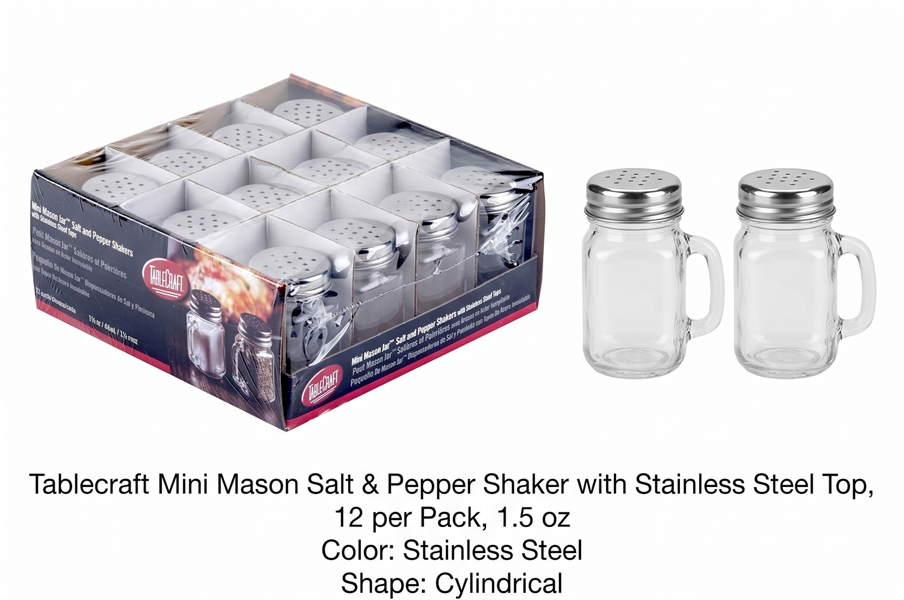 Tablecraft Mini Mason Salt & Pepper Shaker with Stainless Steel Top, 12 per Pack, 1.5 oz