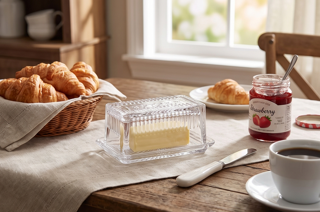 Tablecraft Double Dish, Clear Glass, Embossed Butter, 6.5 x 4 x 3.5