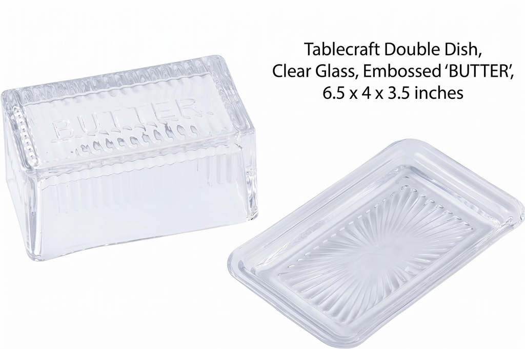 Tablecraft Double Dish, Clear Glass, Embossed Butter, 6.5 x 4 x 3.5