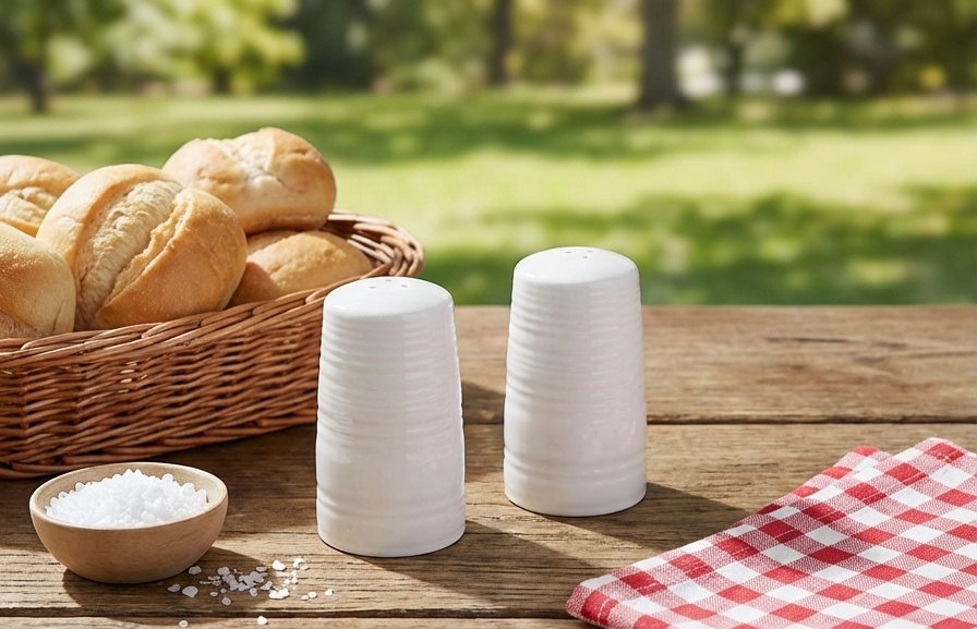 TableCraft 10413 Salt & Pepper Shaker Set, Pulito Collection, 1.25 oz, 2" Dia x 3.375" H, White Melamine with Textured Finish, Dishwasher Safe