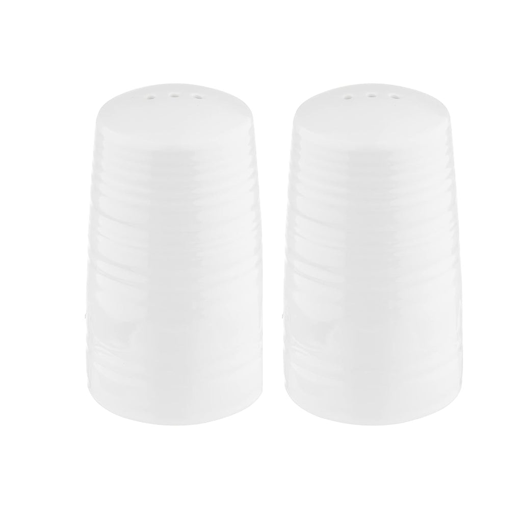 TableCraft 10413 Salt & Pepper Shaker Set, Pulito Collection, 1.25 oz, 2" Dia x 3.375" H, White Melamine with Textured Finish, Dishwasher Safe