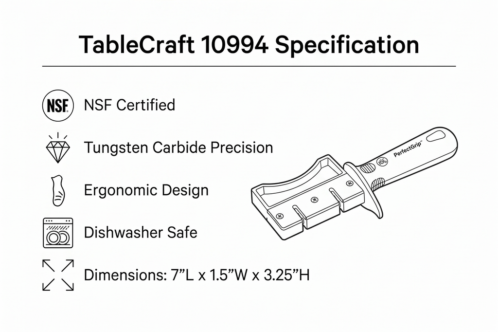 TableCraft 10994 PerfectGrip Hand Held Sharpener, 7" x 1.5" x 3.25", Tungsten Carbide, NSF Certified, Ergonomic Design, Dishwasher Safe