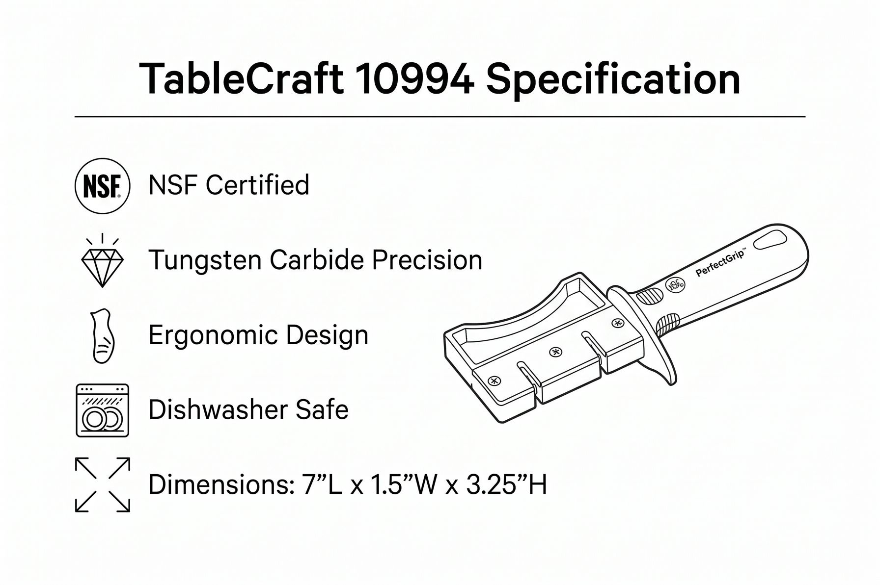 TableCraft 10994 PerfectGrip Hand Held Sharpener, 7" x 1.5" x 3.25", Tungsten Carbide, NSF Certified, Ergonomic Design, Dishwasher Safe