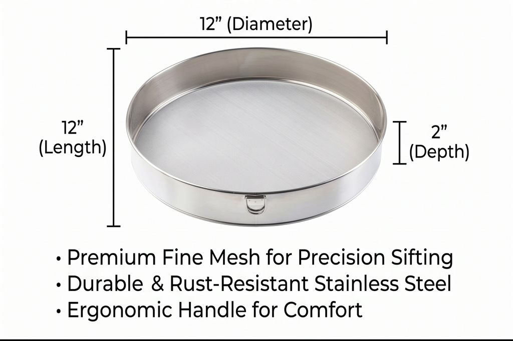 Tablecraft Fine Mesh Sieve Strainer, 12-Inch Round Ultra-Fine Stainless Steel Flour Filtering, Comfortable Handle, Baking, Food Prep and Cooking Tool for Foodservice, Restaurant and Home Use, 2" Deep
