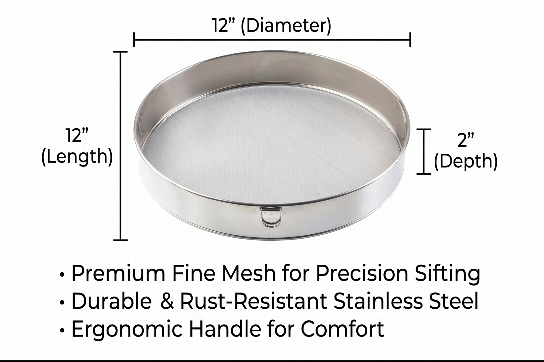 Tablecraft Fine Mesh Sieve Strainer, 12-Inch Round Ultra-Fine Stainless Steel Flour Filtering, Comfortable Handle, Baking, Food Prep and Cooking Tool for Foodservice, Restaurant and Home Use, 2" Deep