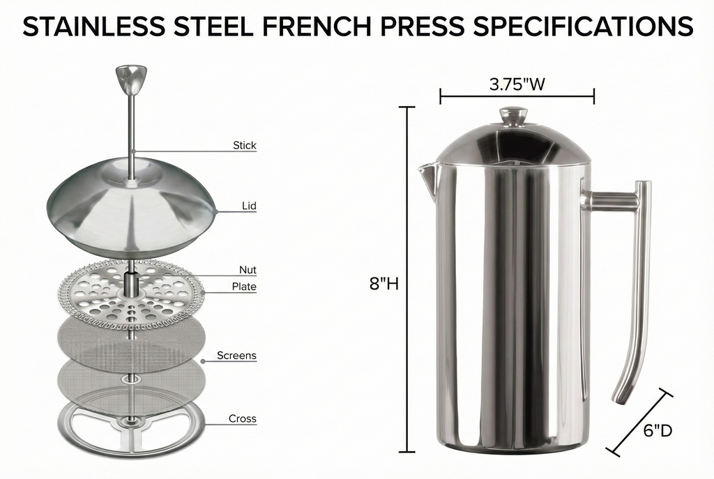 Frieling USA 0103 Double Wall Stainless Steel French Press Coffee Maker with Patented Dual Screen, Polished, 23-Ounce