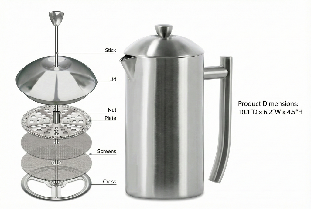 Frieling Double-Walled Stainless-Steel French Press Coffee Maker, Polished, 36 Ounces