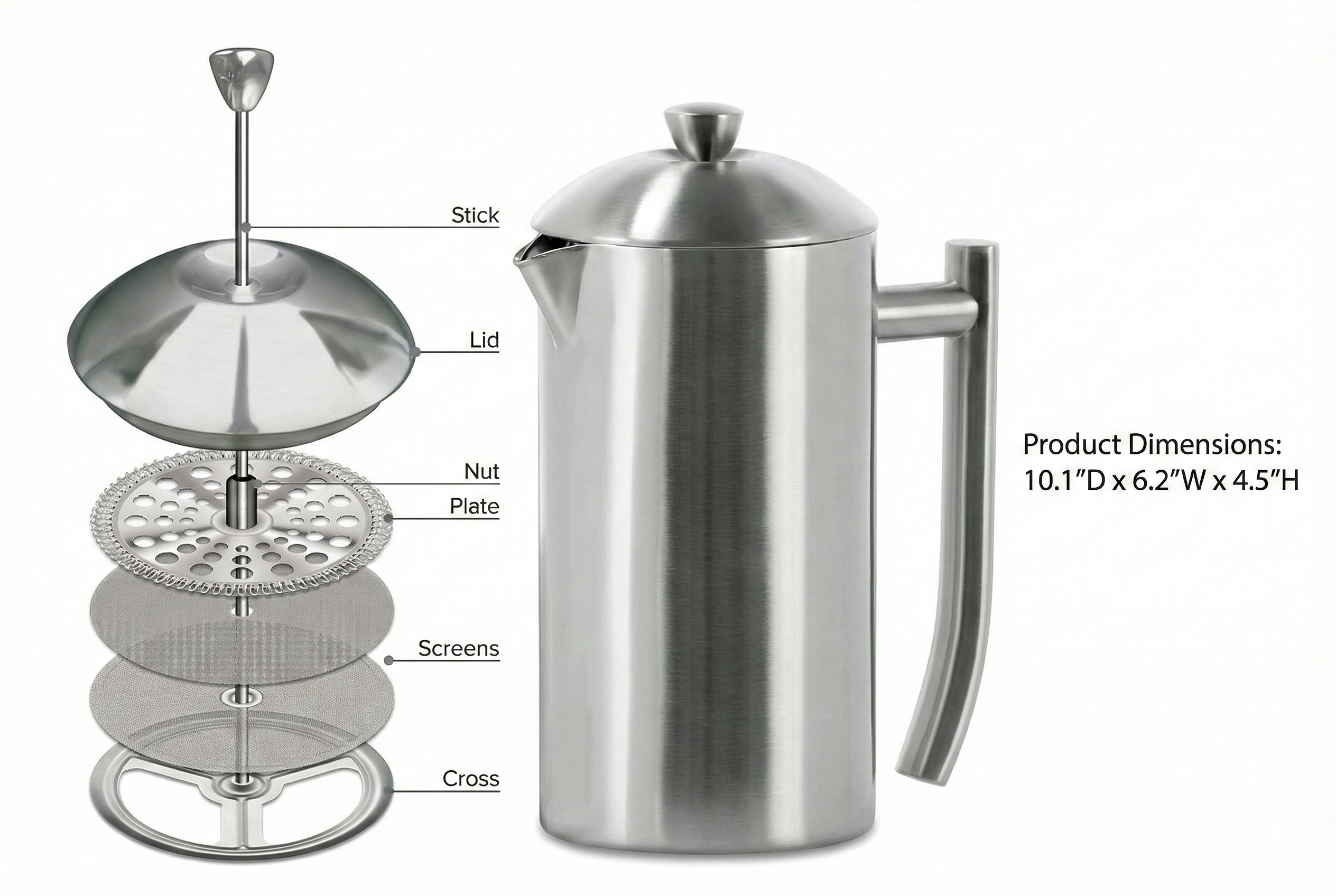 Frieling Double-Walled Stainless-Steel French Press Coffee Maker, Polished, 36 Ounces