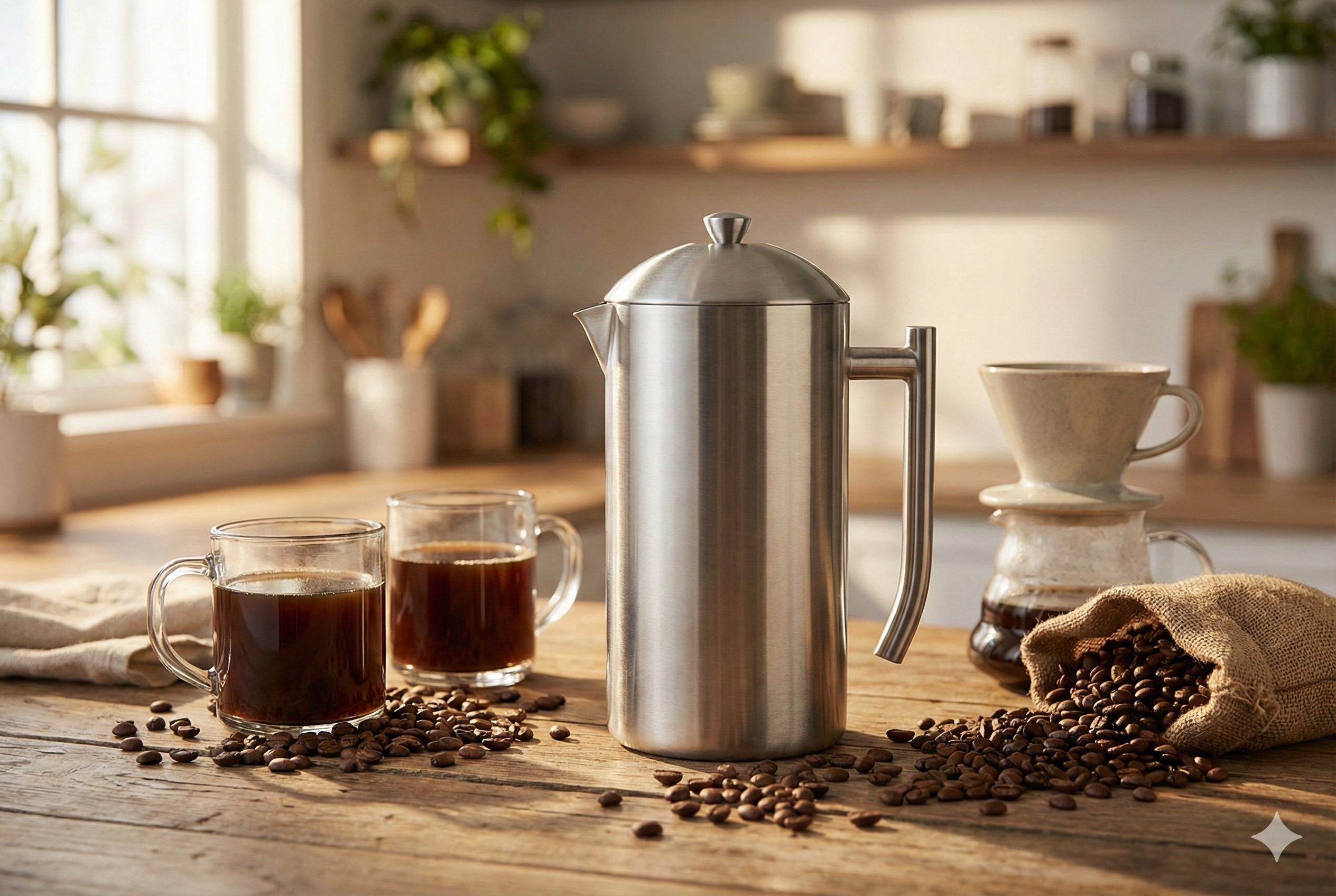 Frieling Coffee Press Stainless Steel French Press Coffee Maker - 44 oz, Brushed Stainless Steel - Double-Walled Insulated Zero Sediment Filter - For Home & Camping