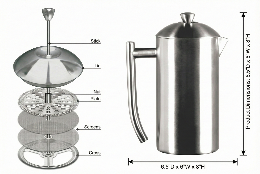 Frieling French Press Coffee Maker - 23 Ounce, Brushed Stainless Steel - Coffee Press & Cold Brew Pitcher - Stovetop Espresso Maker for Camping & Travel