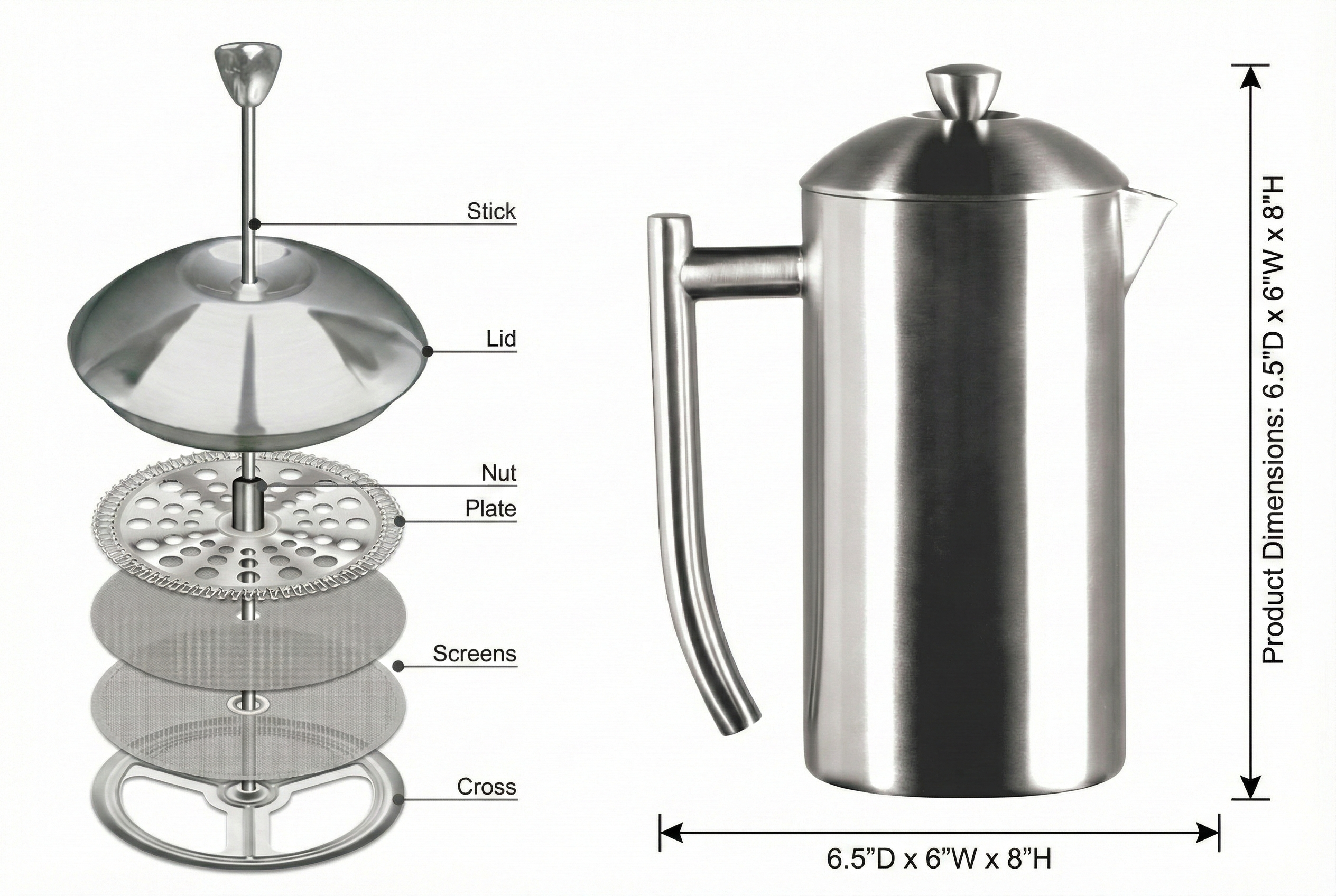 Frieling French Press Coffee Maker - 23 Ounce, Brushed Stainless Steel - Coffee Press & Cold Brew Pitcher - Stovetop Espresso Maker for Camping & Travel