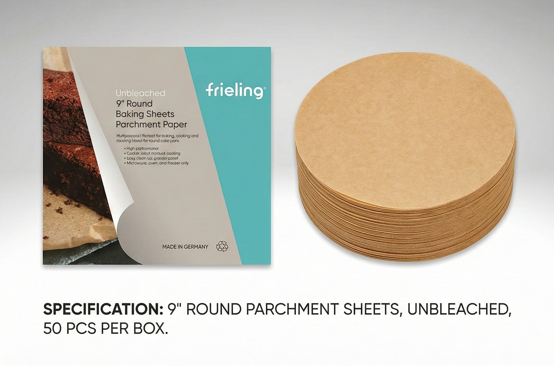 Frieling Unbleached Parchment Paper, Reusable Double-Sided Non-Stick Silicone Coating, Baking Sheets, 50 Pieces, 9" Round, for Baking, Air Frying, Steaming, Packaging …