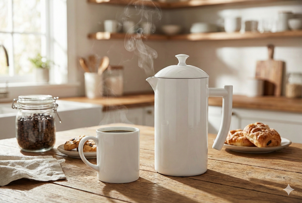 Frieling Double-Walled French Press Coffee Maker - Stainless Steel Coffee Maker with Reusable Filter (34 Fl Oz, White)