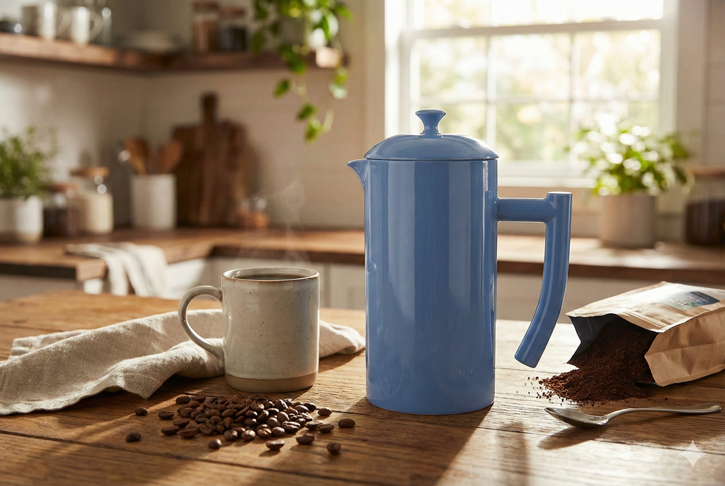 Frieling Double-Walled Stainless Steel French Press Coffee Maker, Navy, 34 fl oz.