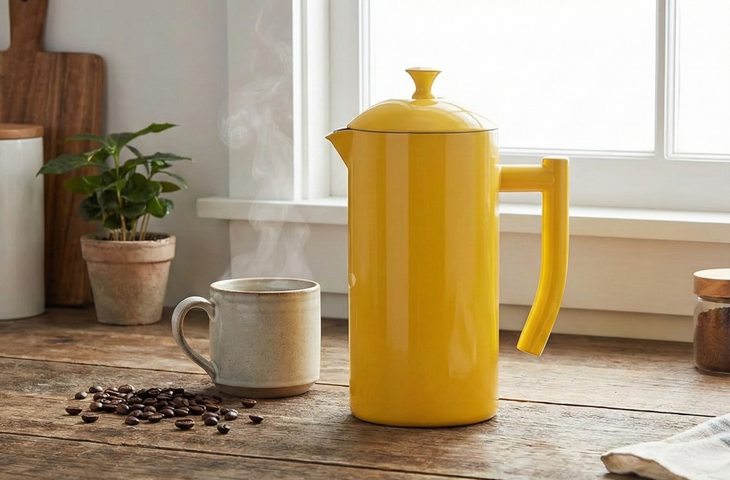Frieling Stainless Steel French Press Coffee Maker - 34 Fl Oz, Yellow - Double-Walled with Double Filter - Insulated Plastic-Free Coffee Press for Camping & Travel