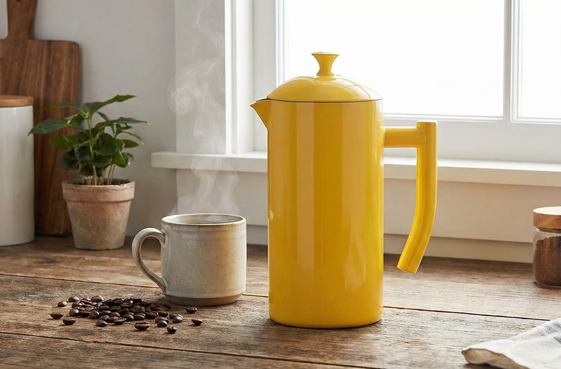 Frieling Stainless Steel French Press Coffee Maker - 34 Fl Oz, Yellow - Double-Walled with Double Filter - Insulated Plastic-Free Coffee Press for Camping & Travel