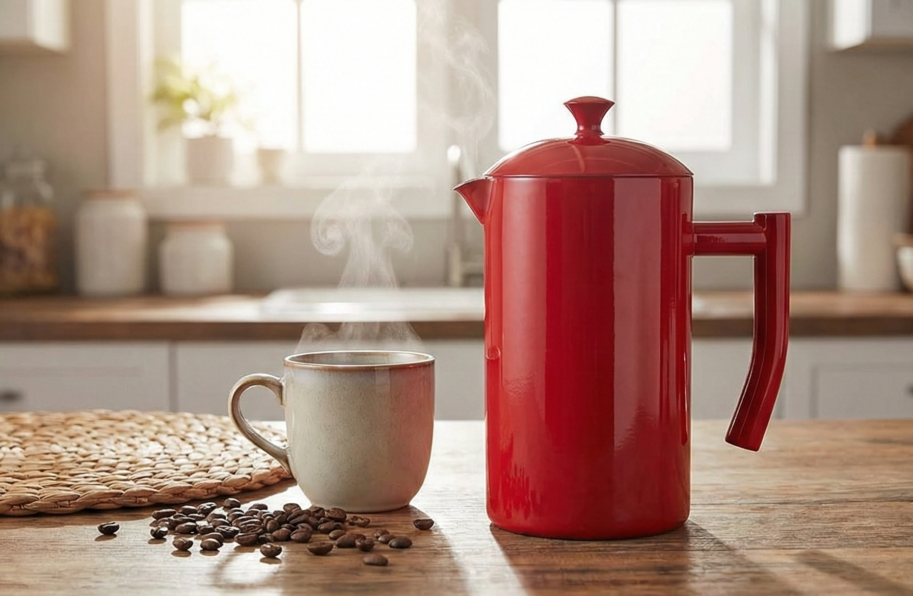 Frieling Insulated Double-Walled Stainless Steel French Press Coffee Maker - 34 fl oz, Red - Camping Coffee Press