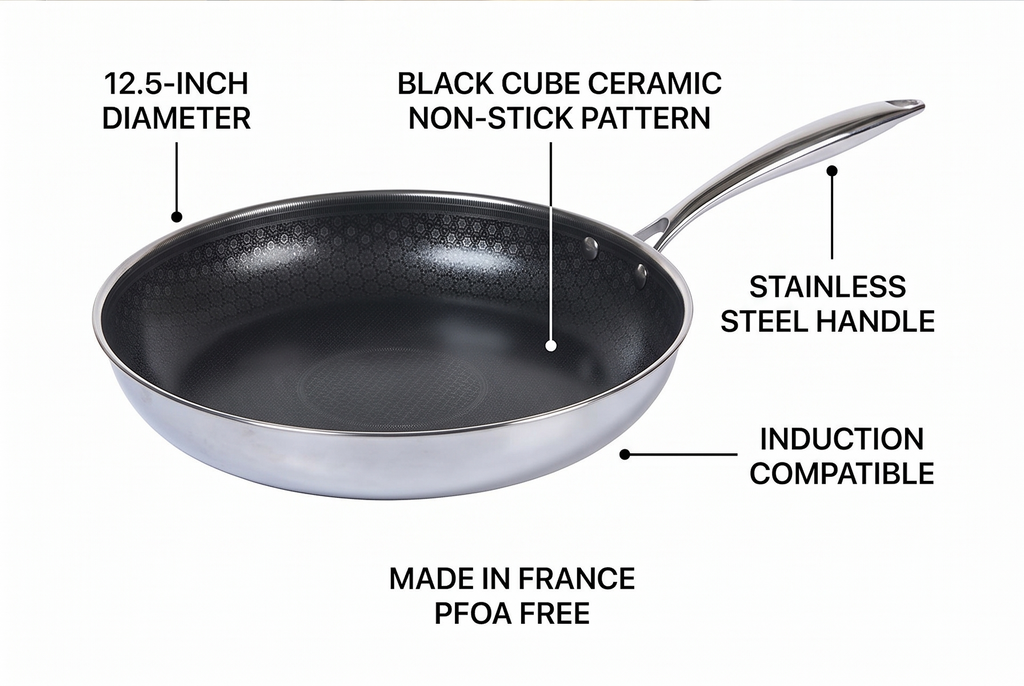 Black Cube CeramicQR Cookware Made in France Quick Release Fry Pan-Ceramic Non-Stick Skillet-For Induction Cooktops, 12.5-Inch