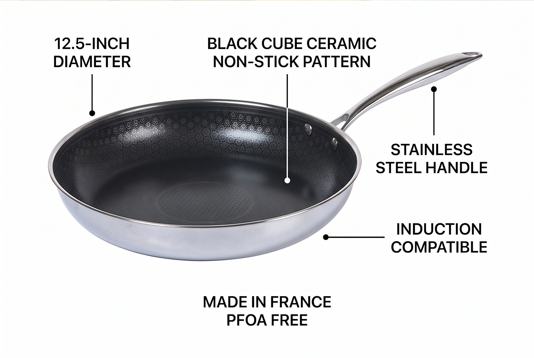 Black Cube CeramicQR Cookware Made in France Quick Release Fry Pan-Ceramic Non-Stick Skillet-For Induction Cooktops, 12.5-Inch