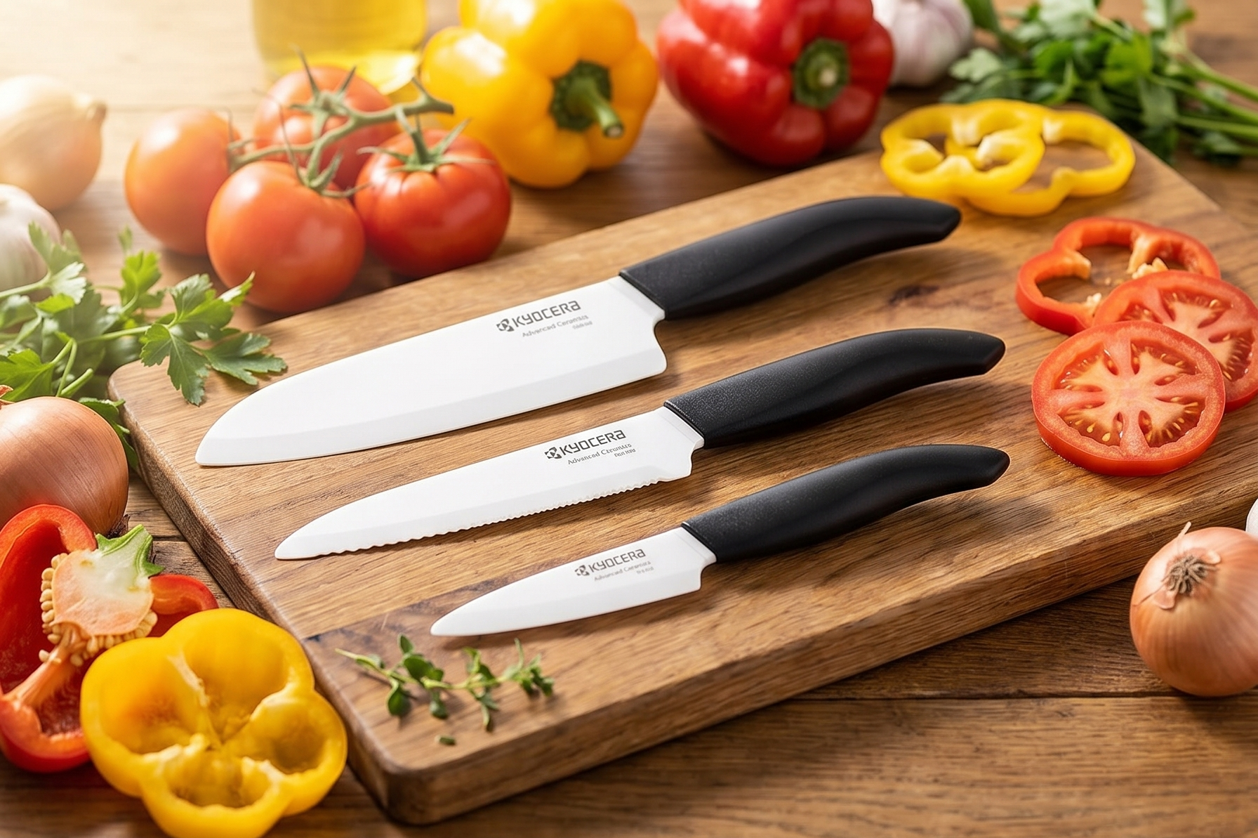Kyocera Advanced Ceramics – Revolution Series 3-Piece Ceramic Knife Set: Includes 6-inch Chef's Knife; 5-inch Micro Serrated Knife; and 3-inch Paring Knife; Black Handles with White Blades