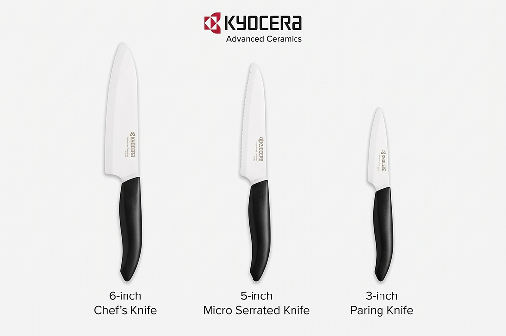 Kyocera Advanced Ceramics – Revolution Series 3-Piece Ceramic Knife Set: Includes 6-inch Chef's Knife; 5-inch Micro Serrated Knife; and 3-inch Paring Knife; Black Handles with White Blades