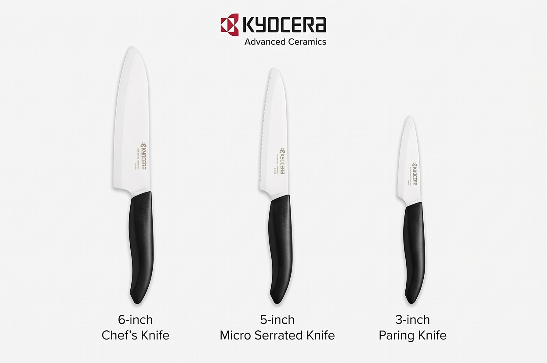 Kyocera Advanced Ceramics – Revolution Series 3-Piece Ceramic Knife Set: Includes 6-inch Chef's Knife; 5-inch Micro Serrated Knife; and 3-inch Paring Knife; Black Handles with White Blades