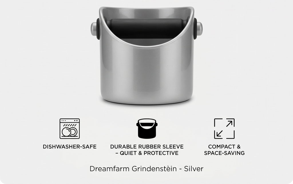 Dreamfarm Grindenstèin Sturdy, Compact, Modern Space-Saving Espresso Coffee Grind Knock Box - Silver