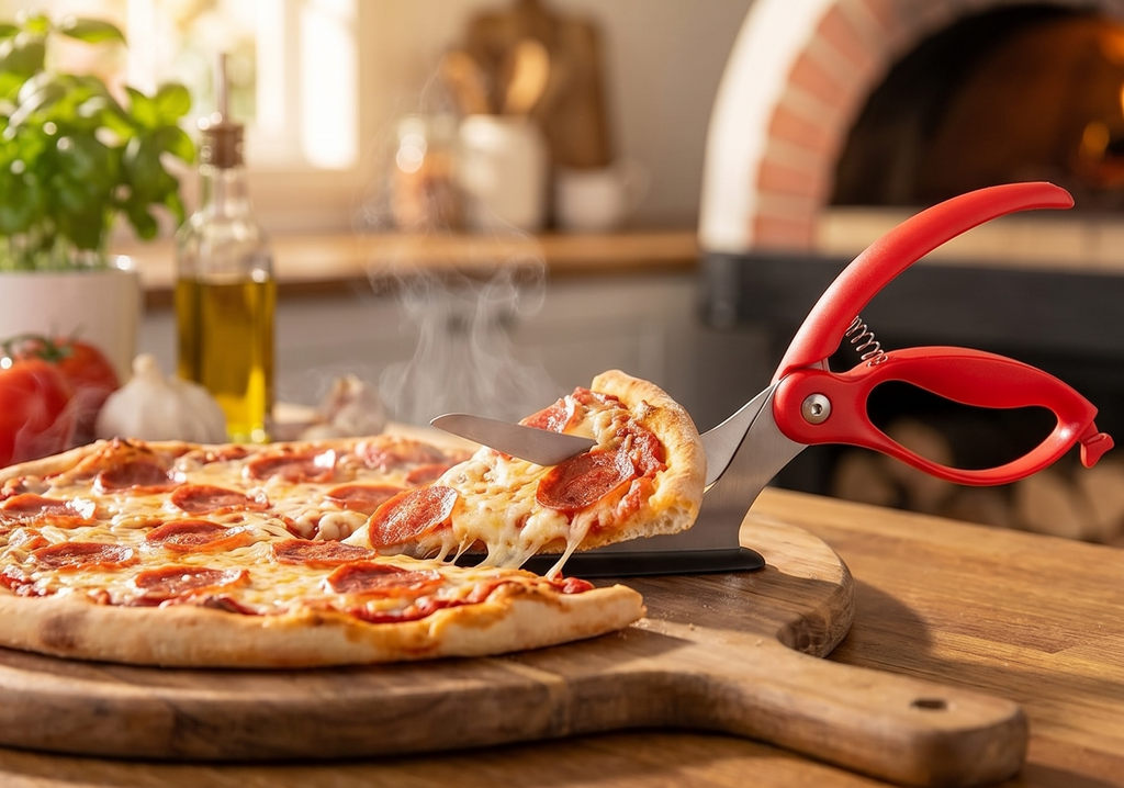 Dreamfarm Scizza 2-In-1 Easy Ergonomic Pizza Scissors with Stainless Steel Pizza Cutter Blades & Non-Stick Slice Server - Red