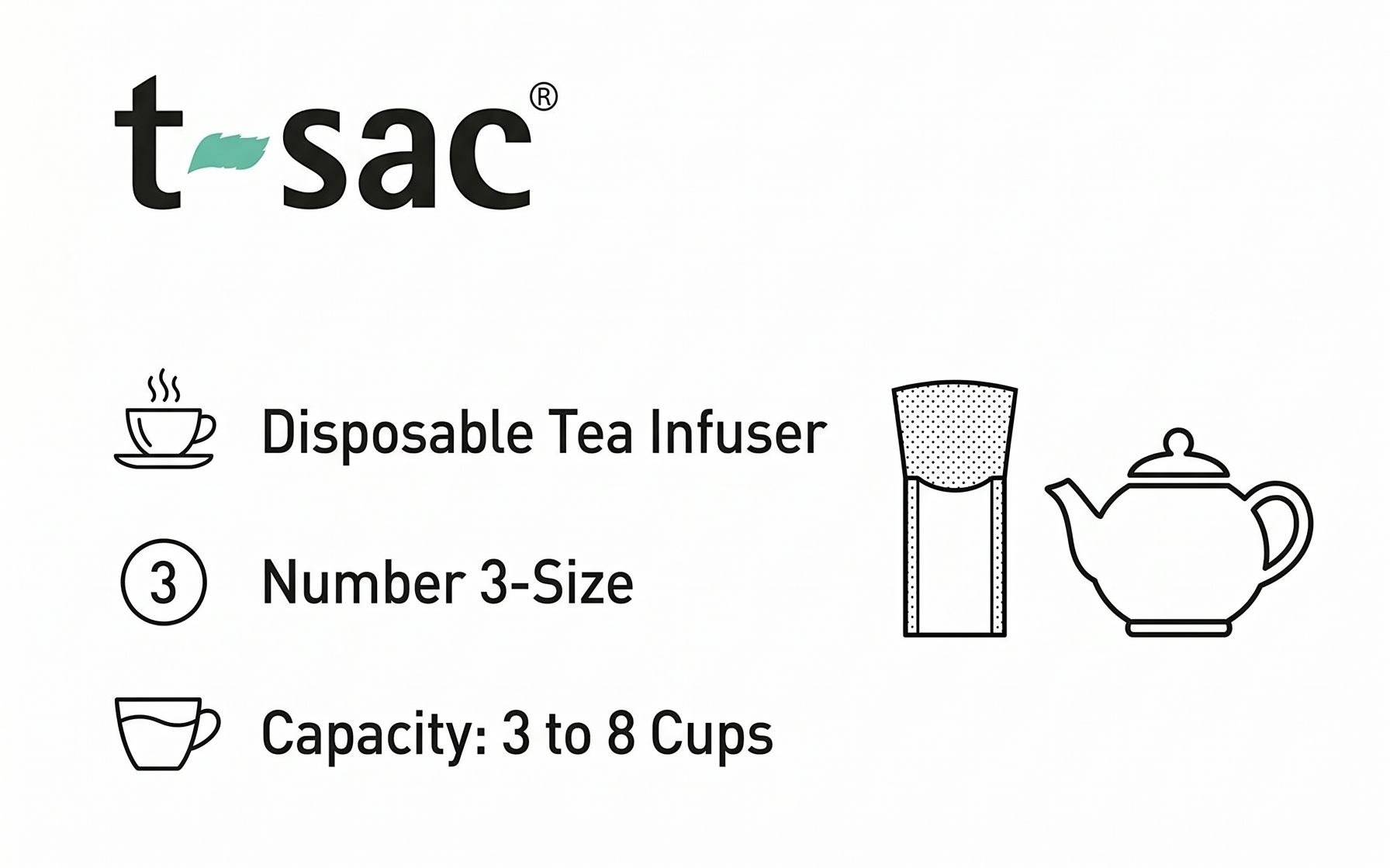 T-Sac Tea Filter Bags, Disposable Tea Infuser, Number 3-Size, 3 to 8-Cup Capacity, Set of 100