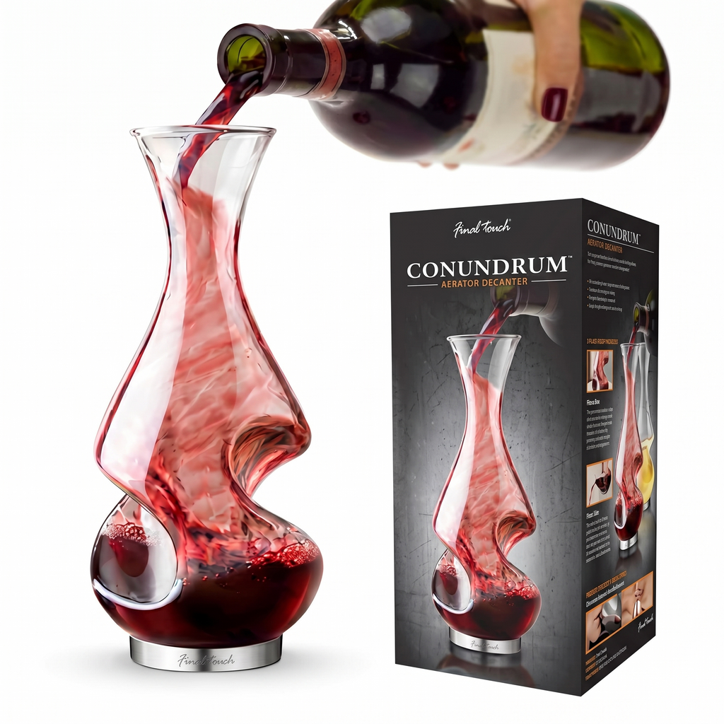 Final Touch Conundrum Wine Decanter Aerator - Superior Aeration & Oxygenation, Two-Phase Aeration Process, Enhances Flavor & Aroma, Elegant Stainless Steel Base, 375ml Capacity (WDA600)