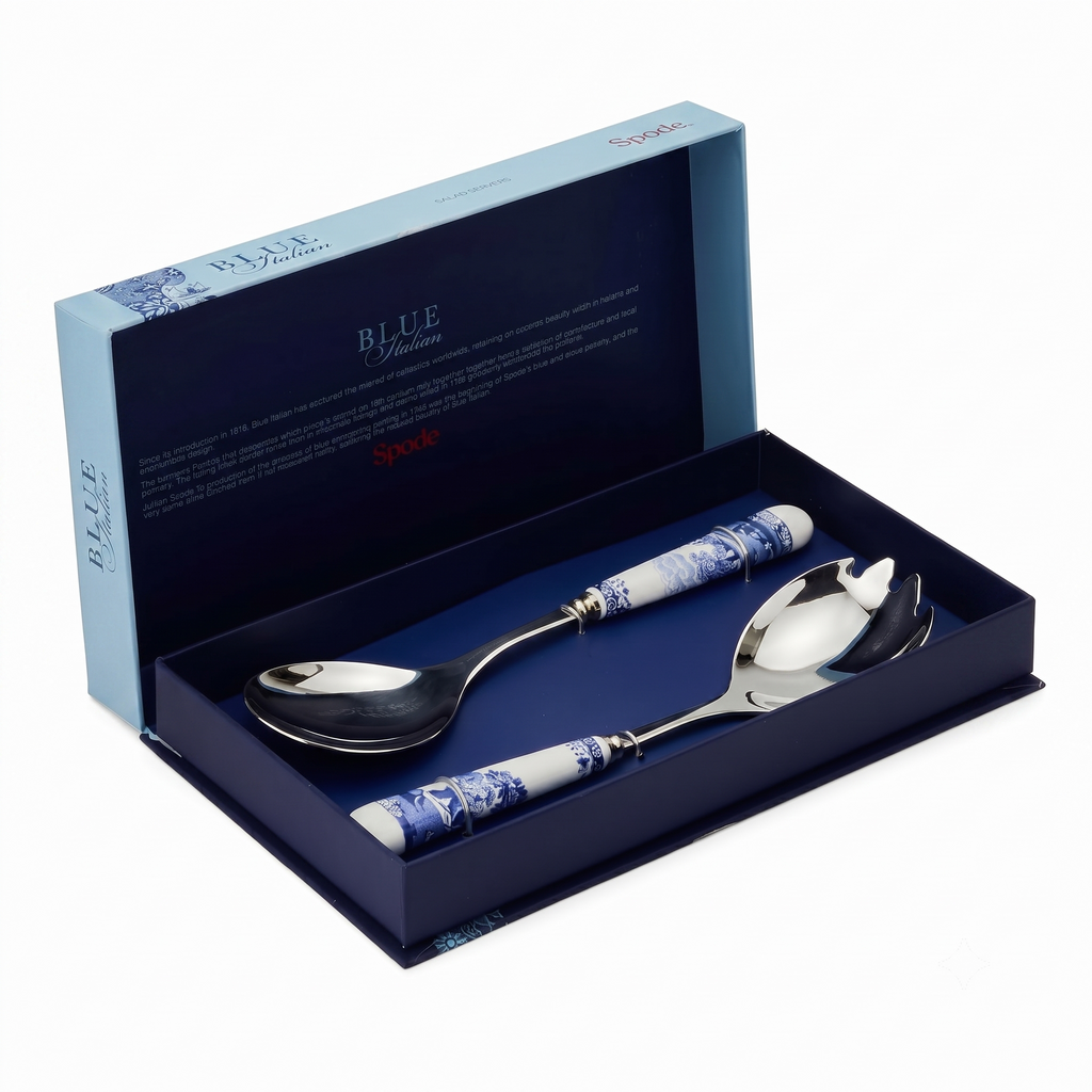 Spode Blue Italian Collection Salad Servers | 2 Piece Spoon and Fork Set | 10 Inch | Blue and White | Made of Porcelain and Stainless Steel | Italian Countryside Design