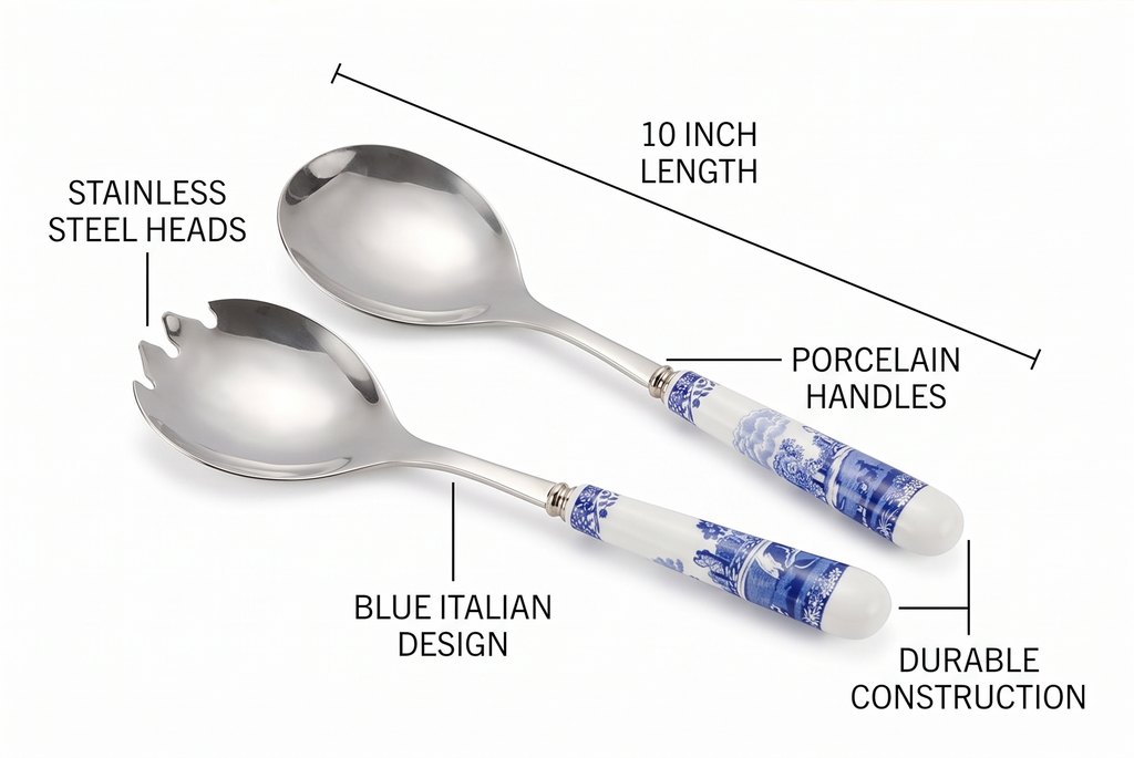 Spode Blue Italian Collection Salad Servers | 2 Piece Spoon and Fork Set | 10 Inch | Blue and White | Made of Porcelain and Stainless Steel | Italian Countryside Design