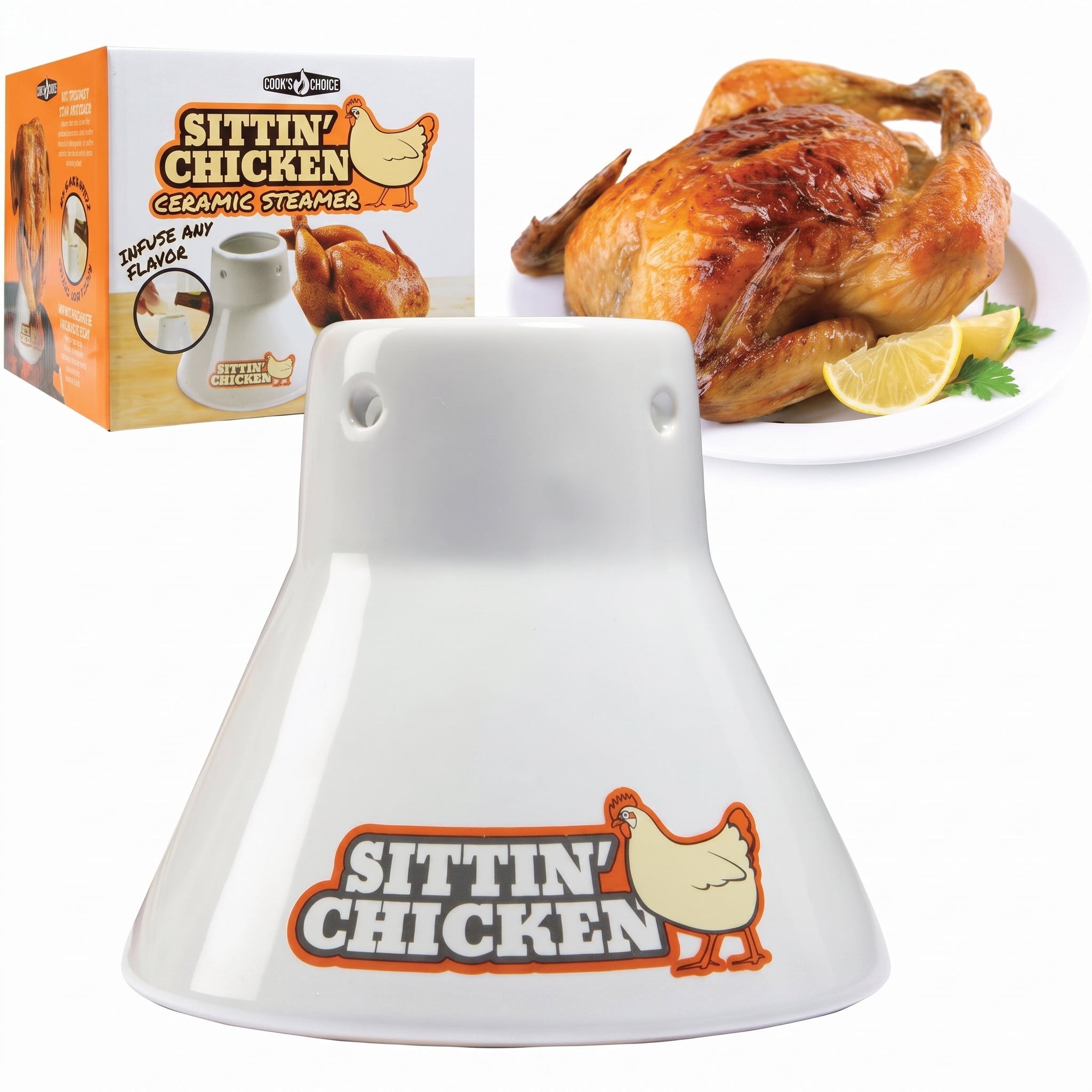 Cook's Choice Sittin' Chicken Ceramic Beer Can Roaster & Steamer - Reusable Vertical Chicken Roaster Stand for Grill, Oven & Smoker - Flavor Infuser for Marinades, Beer & Sauces - Summer BBQ Essential
