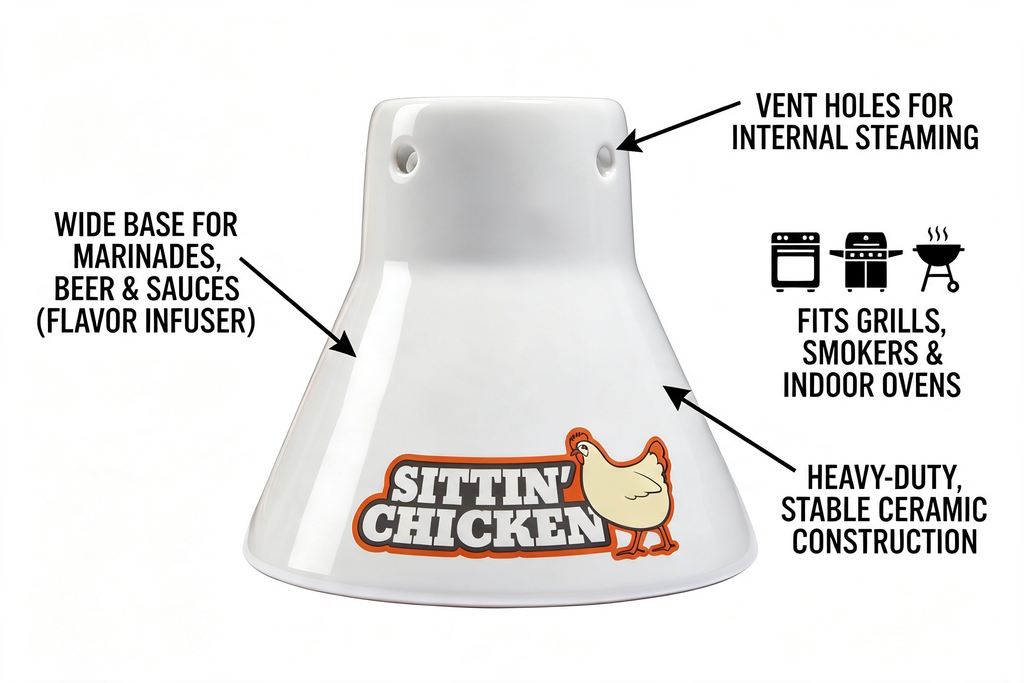 Cook's Choice Sittin' Chicken Ceramic Beer Can Roaster & Steamer - Reusable Vertical Chicken Roaster Stand for Grill, Oven & Smoker - Flavor Infuser for Marinades, Beer & Sauces - Summer BBQ Essential
